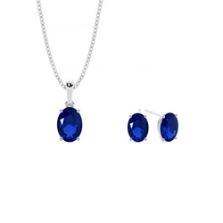 Ovaler blauer Saphir Anhänger und Ohrring Set