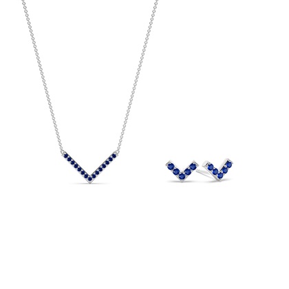V' Shaped Delicate Blue Sapphire Earring and Pendant Set