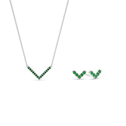 V' Shaped Delicate Emerald Earring and Pendant Set