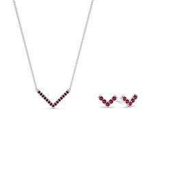 Zarte V-Form Rubin Ohrringe und Anhänger Set