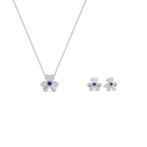 Blue Sapphire Clover Delicate Necklace and Earring Set