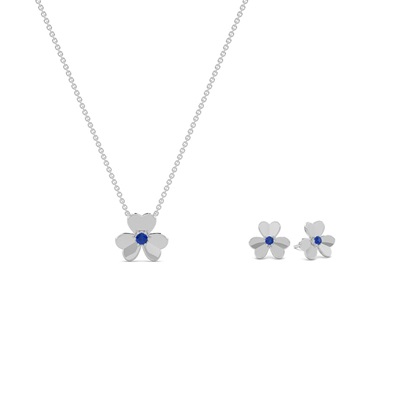Blue Sapphire Clover Delicate Necklace and Earring Set