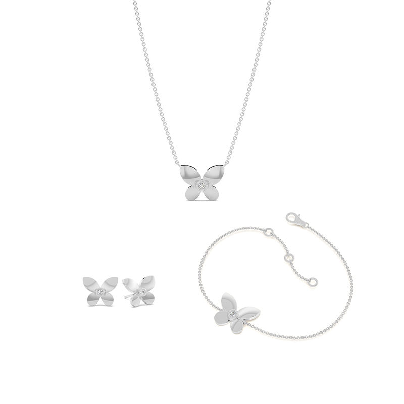 Zartes Schmetterling Diamant Armband, Ohrring und Halskette Set