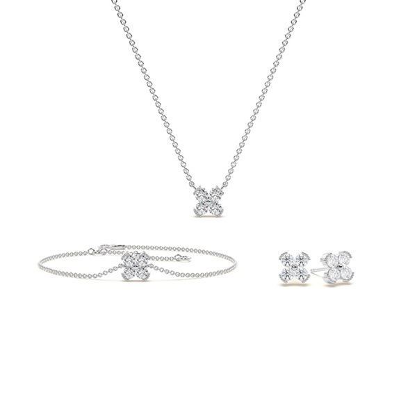 Round Dimaond Classic Floral Delicate Chain Necklace, Earring and Bracelet Set