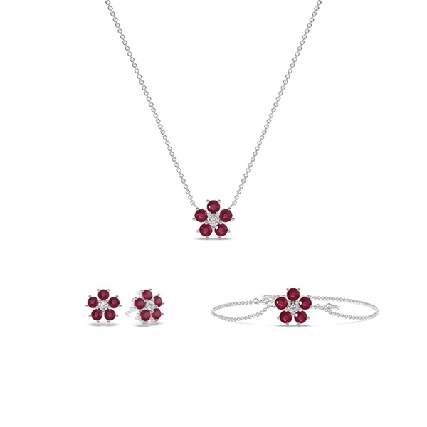 Round Ruby Floral Delicate Necklace, Earring and Bracelet Set