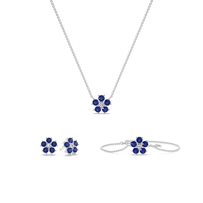 Round Blue Sapphire Floral Delicate Necklace, Earring and Bracelet Set