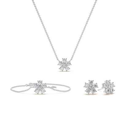Round Diamond Floral Delicate Chain Necklace, Earring and Bracelet Set