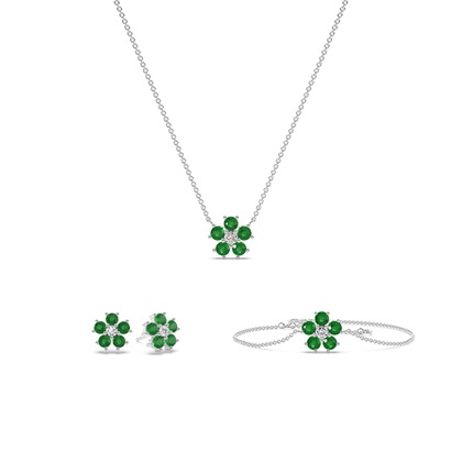 Round Emerald Floral Delicate Necklace, Earring and Bracelet Set