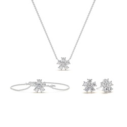 Zarte Kette, Ohrring und Armband mit rundem Diamant in Blumenform