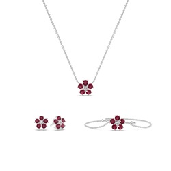 Runder Rubin Florale Halskette, Ohrring und Armband Set