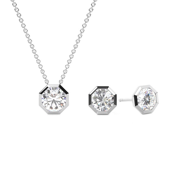 Hexagon Bezel Look Round Solitaire Pendant and Earring Set