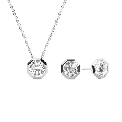 Hexagon Bezel Look Round Solitaire Pendant and Earring Set