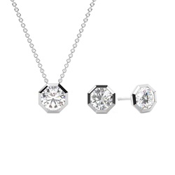 Hexagon Bezel Look Round Solitaire Pendant and Earring Set
