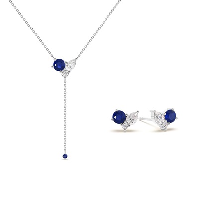 Blue sapphire and Diamond Cluster Necklace and Earring Set