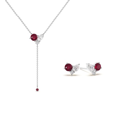 Ruby and Diamond Cluster Necklace and Earring Set