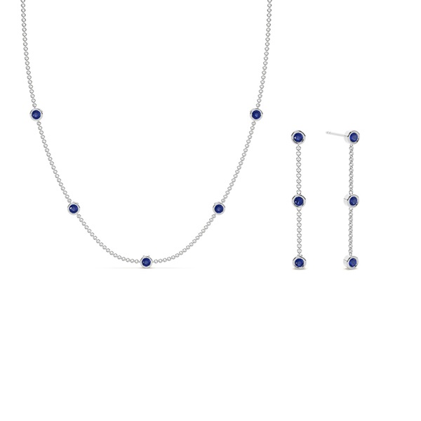 Blue Sapphire bezel set everyday Station necklace and earring set