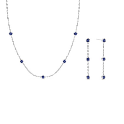 Blue Sapphire bezel set everyday Station necklace and earring set