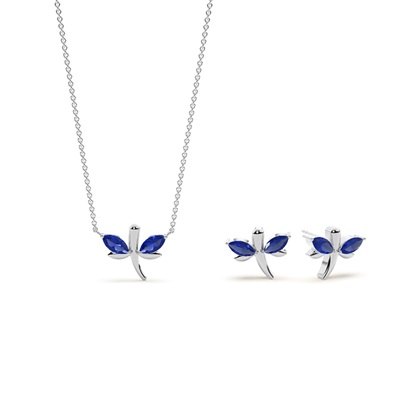 Blue Sapphire Marquise Dragaonfly Delicate Chain Necklace and Earring Set