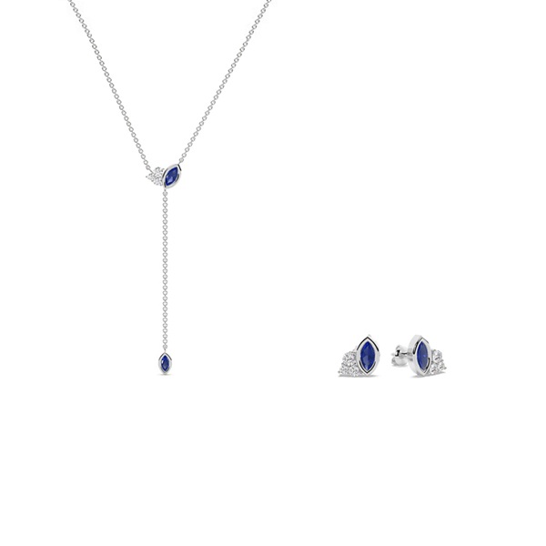 Blue Sapphire and Cluster Diamonds Lariate and Earrings Set