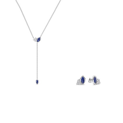 Blue Sapphire and Cluster Diamonds Lariate and Earrings Set