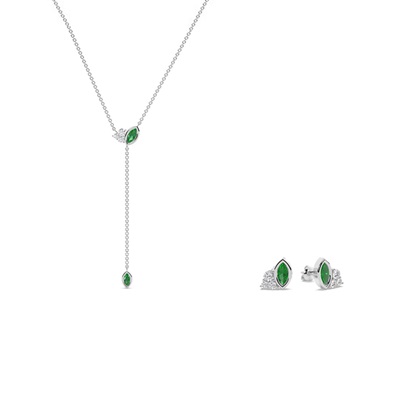 Emerald and Cluster Diamonds Lariate and Earrings Set