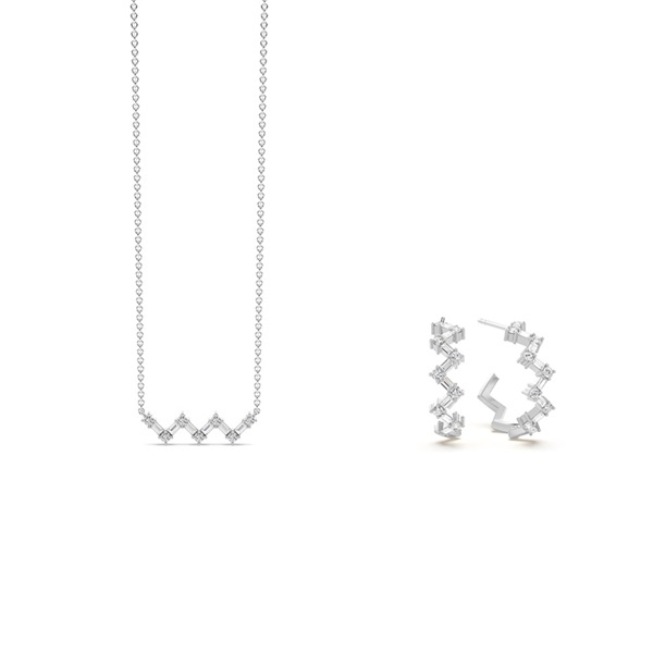 Baguette and Round Diamond Zig-Zag Chain Necklace and Earring Set