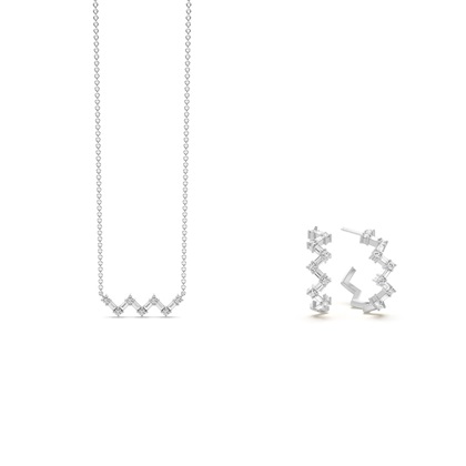 Baguette and Round Diamond Zig-Zag Chain Necklace and Earring Set