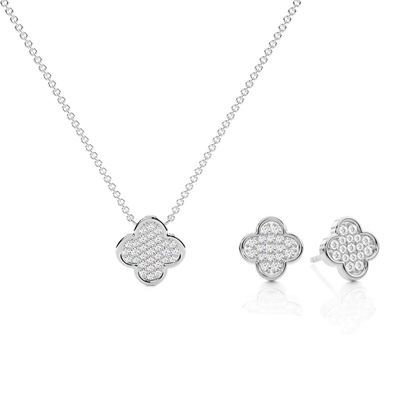 Pavé-Fassung Kleeblatt-Diamant-Kettenhalsband und Ohrring-Set