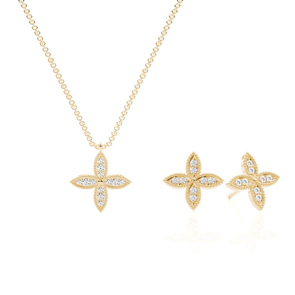 Vierblättriges Milgrain-Diamant-Kettenhalsband und Ohrring-Set