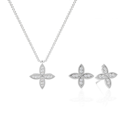 Vierblättriges Milgrain-Diamant-Kettenhalsband und Ohrring-Set