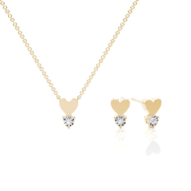 Zartes Diamant-Set mit Herz-Motiv in Illusions-Fassung - Halskette und Ohrringe