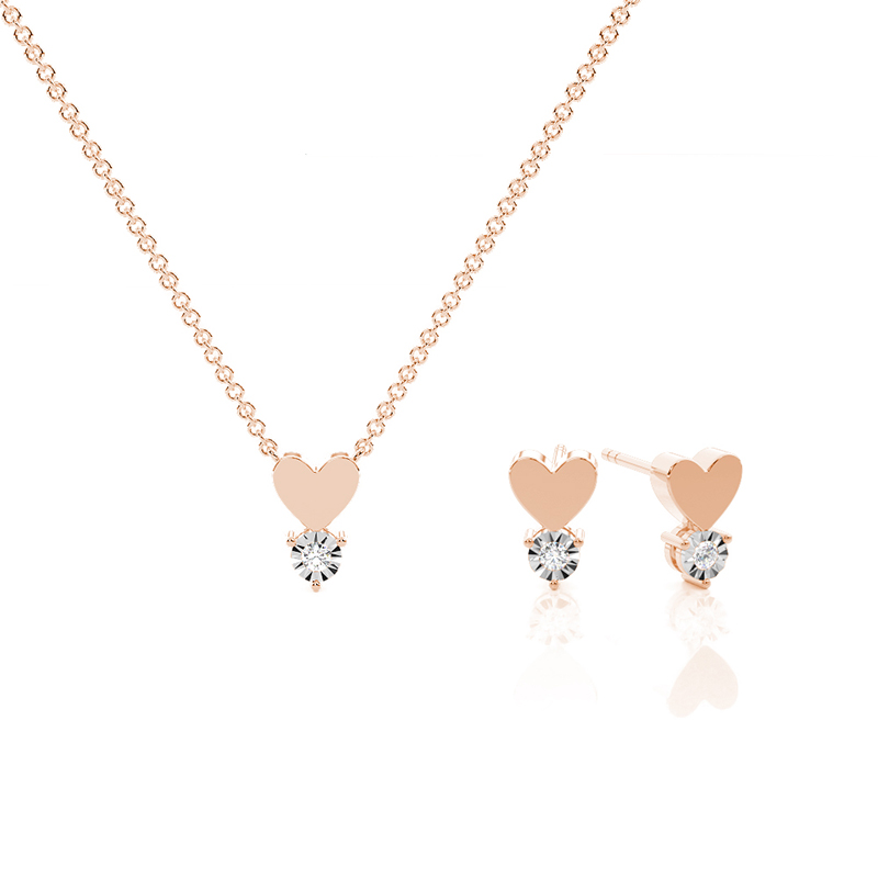 Zartes Diamant-Set mit Herz-Motiv in Illusions-Fassung - Halskette und Ohrringe