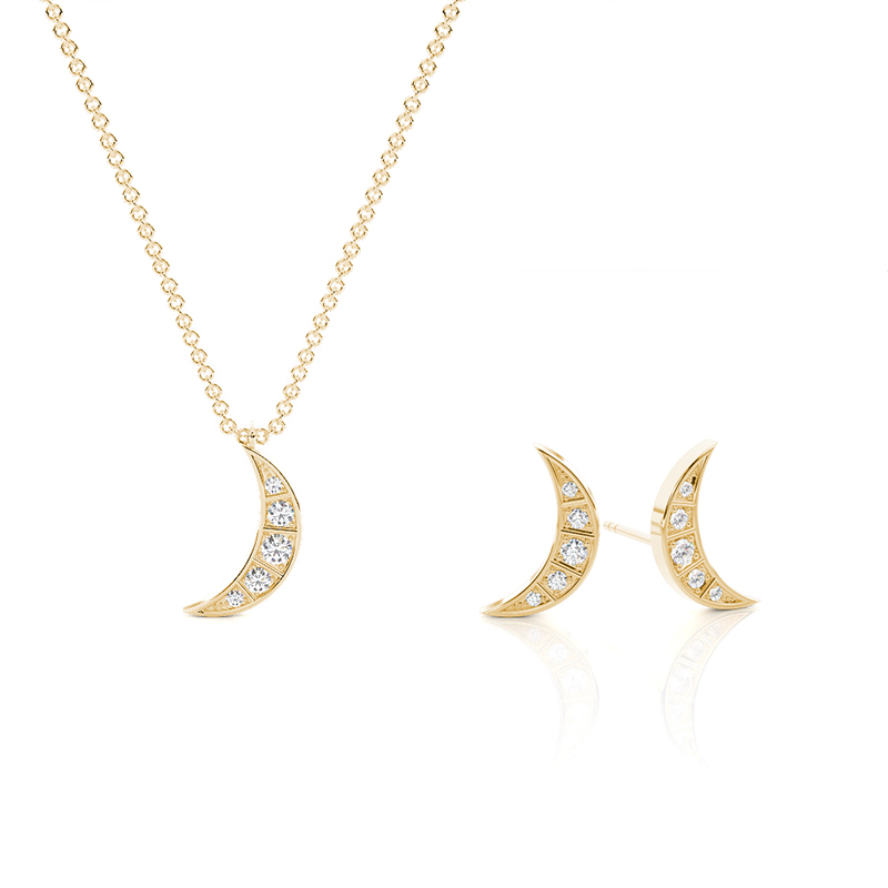 Zartes Diamant-Set mit Halbmond-Motiv - Anhänger und Ohrringe