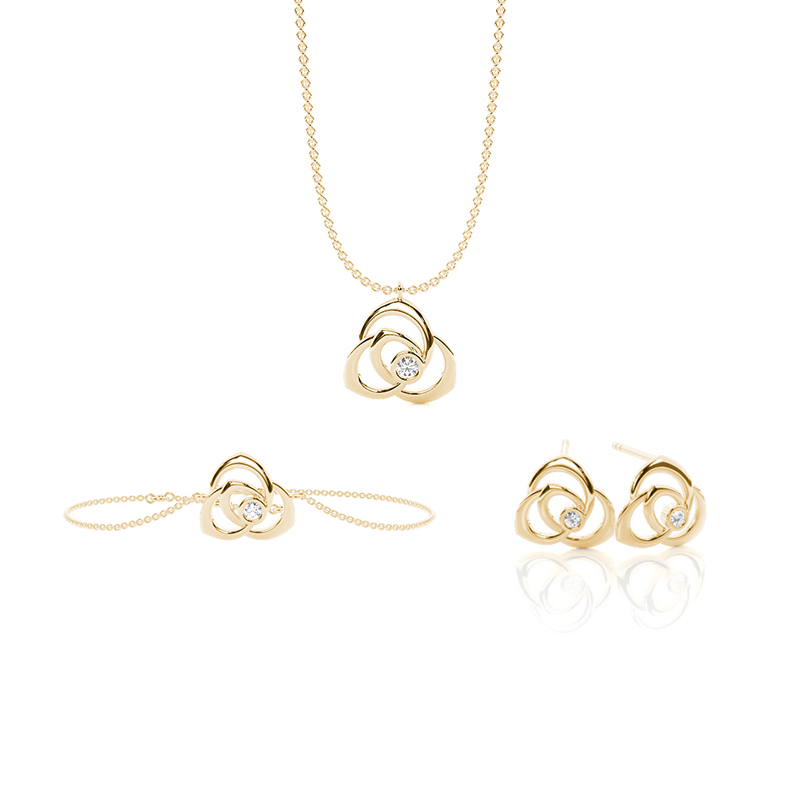 Zartes Roségold-Diamant-Set in Zargenfassung - Halskette, Ohrringe und Armband