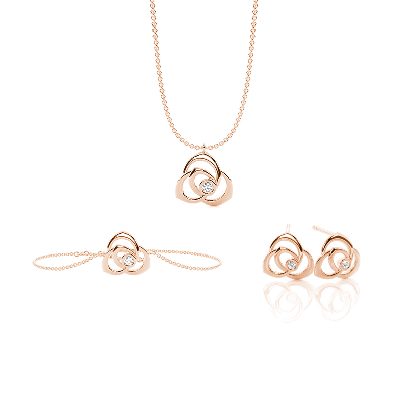 Zartes Roségold-Diamant-Set in Zargenfassung - Halskette, Ohrringe und Armband