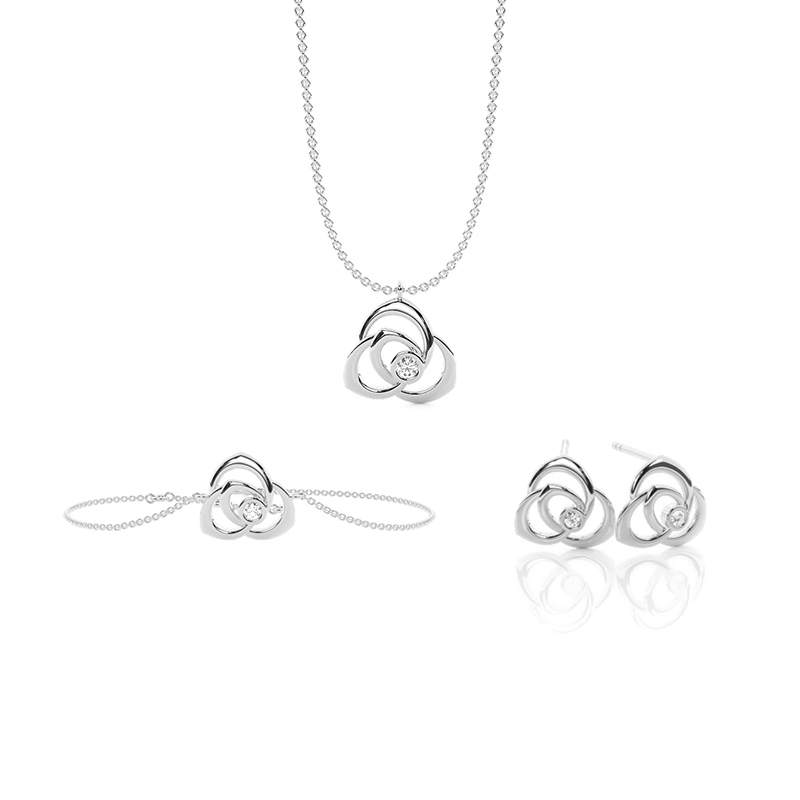 Bezel-sett med runde diamanter, delikat halskjede i roseform, øredobber og armbånd