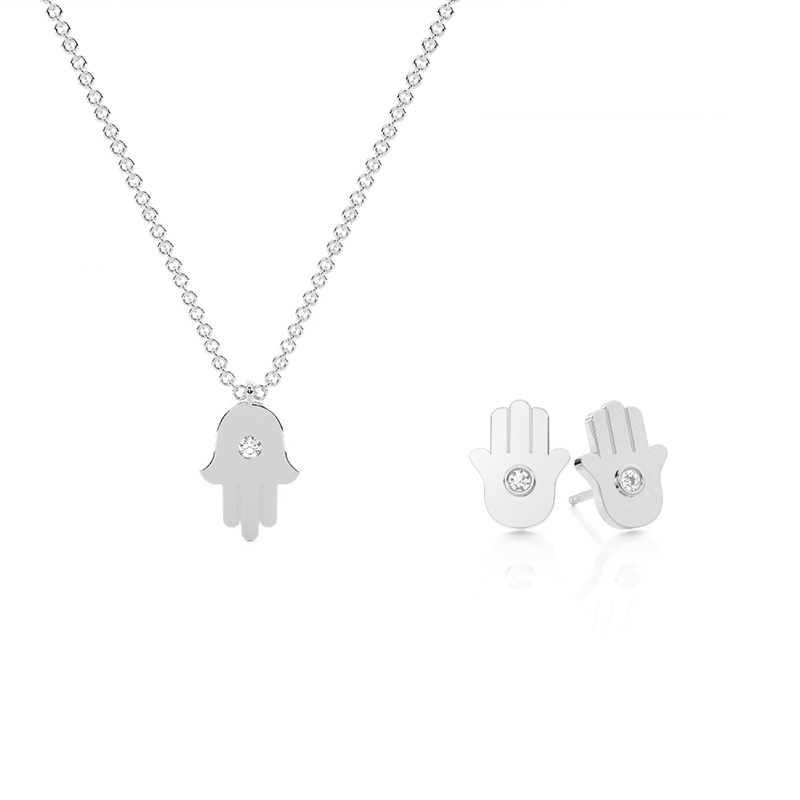 Parure Pendentif Main de Fatma Boucles d’Oreilles Diamant Serti Clos