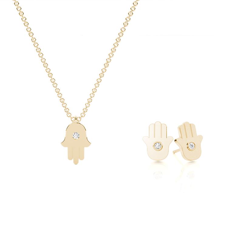 Bezel Set Round Diamond Hamsa Hand Pendant and Earring Set