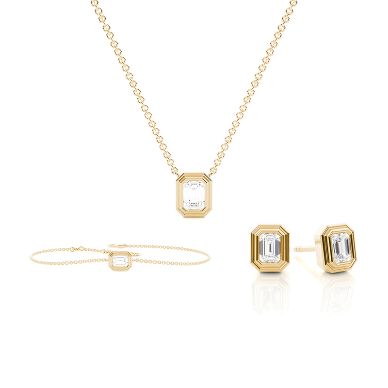 Smaragd-Solitär-Set mit doppelter Zargenfassung - Anhänger, Ohrringe und Armband