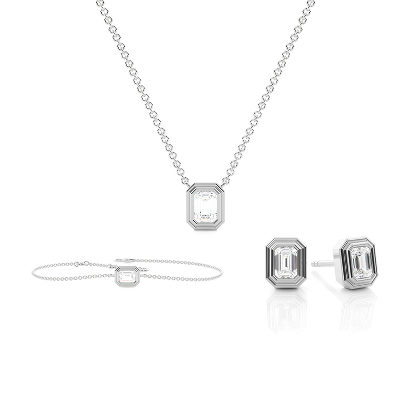 Dual Wall Bezel-sett med smaragd-solitaire-anheng, øredobber og armbånd
