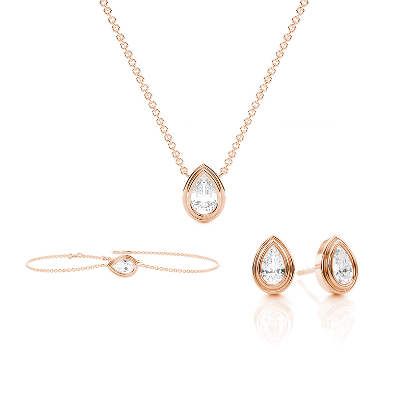 Dual Wall Bezel Set Pear Solitaire Pendant, Earring and Bracelet Set