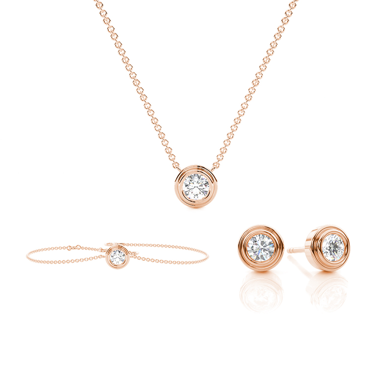 Rund-Solitär-Set mit doppelter Zargenfassung - Anhänger, Ohrringe und Armband