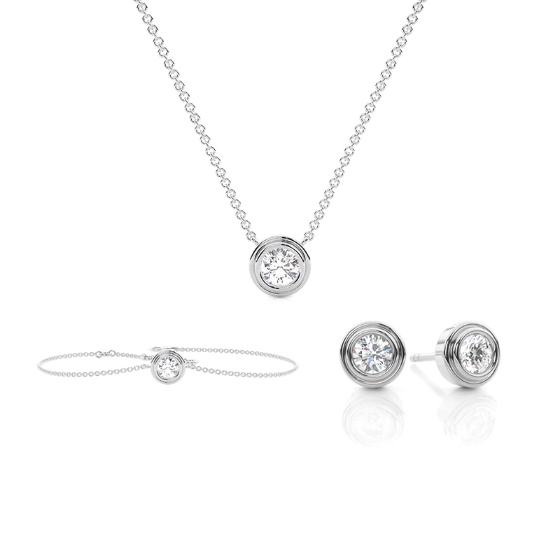 Rund-Solitär-Set mit doppelter Zargenfassung - Anhänger, Ohrringe und Armband