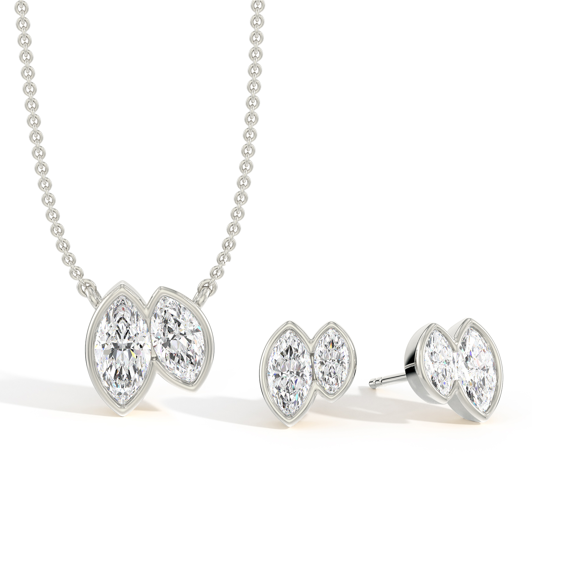 Die perfekte Kombination – Silberner, in Zargenfassung eingefasster Toi-et-Moi-Anhänger mit Marquise-Diamanten & Ohrring-Geschenkset