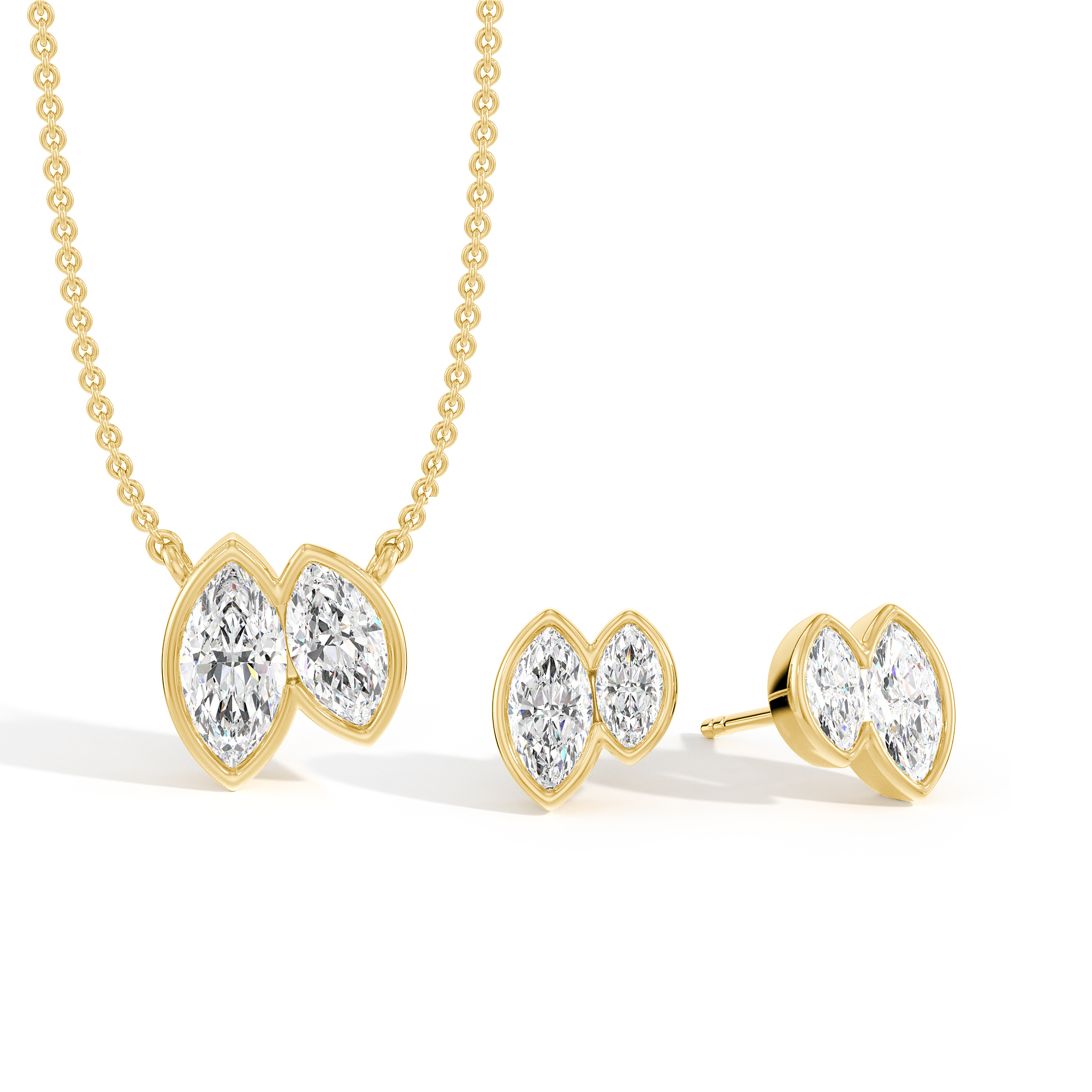 Das perfekte Paar – Toi-et-Moi-Geschenkset aus silbervergoldetem Anhänger und Ohrringen mit Marquise-Diamanten in Zargenfassung