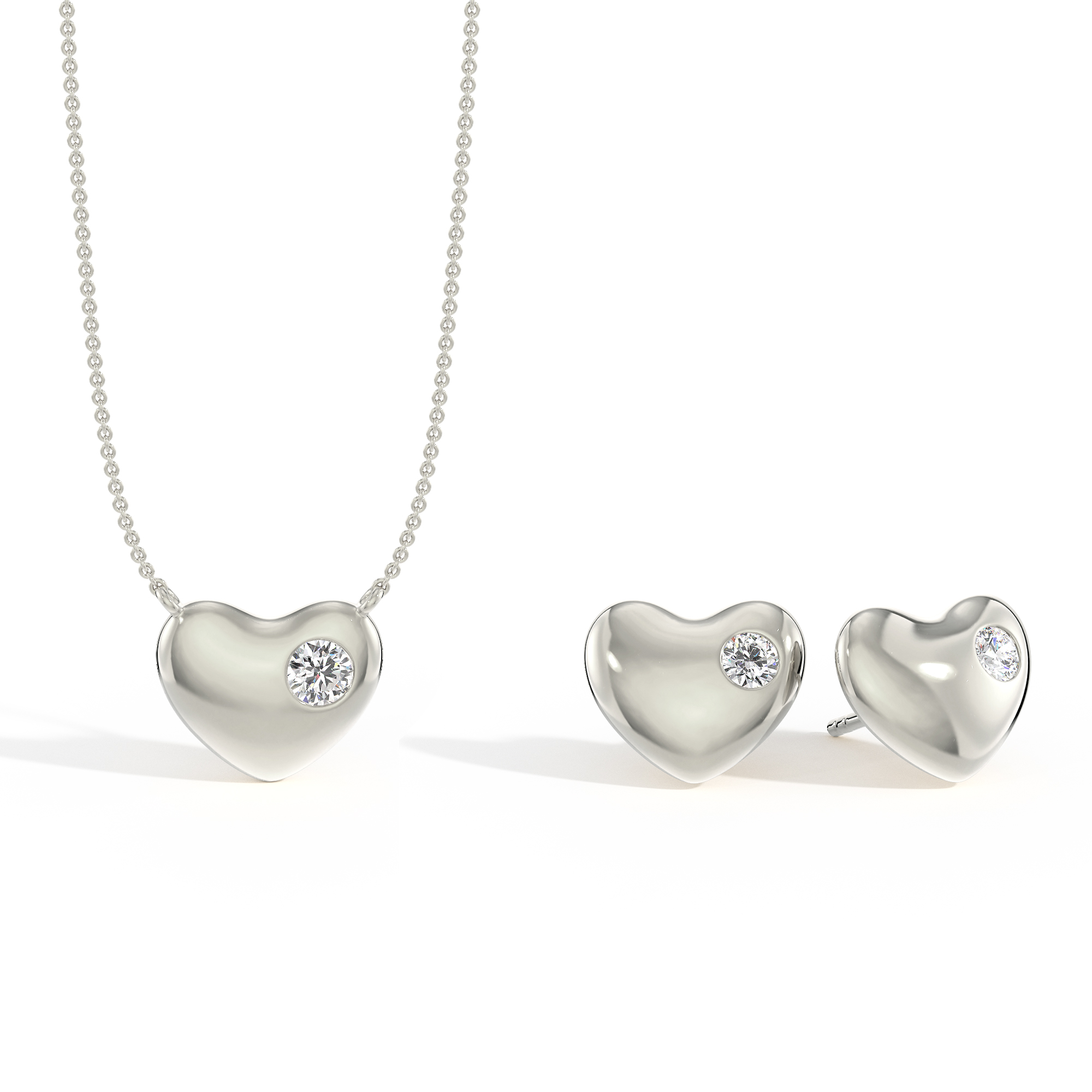 Silver Sculpted Single Diamond Heart Pendant & Earrings Set